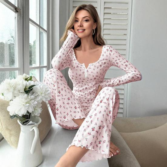 Women's Floral Long Sleeve Pajama Set Crop Top And Wide Leg Pants Sleepwear Set Casual 2 Piece Pjs Lounge Set