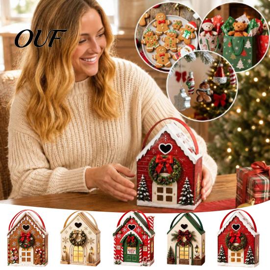 Christmas House Gift Holders Wonderland Cottage Box, Shaped Paper Treat Boxes, Holiday Small Surprise Boxes Snack Holder with Handle for Cookies