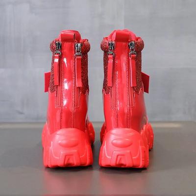 Модные осенние блестящие кожаные ботинки 7 см на танкетке, женские ботильоны, высокие кроссовки на платформе, зимние красные мотоциклетные туфли, женская обувь