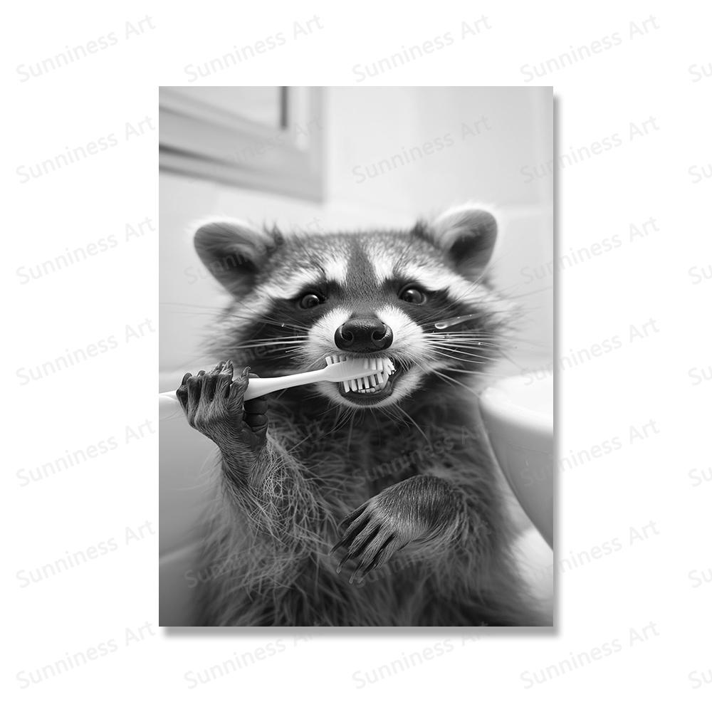Милый енот сидит на унитазе, чистит зубы и кладет бумагу на голову, рисуя на холсте, забавные картины на холсте для туалета, декор ванной комнаты