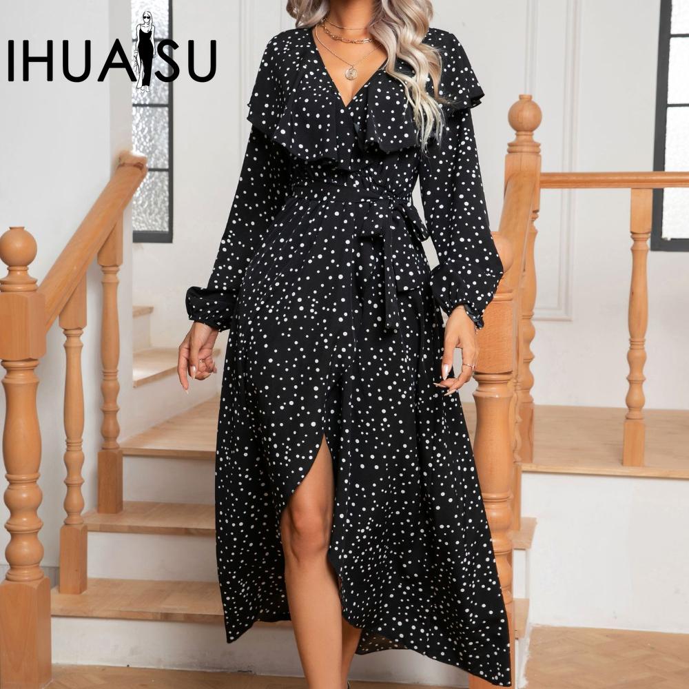 IHUASU Женское платье-фонарик с принтом в горошек, оборками на шее и длинными рукавами, с запахом, разрезом, свободные длинные платья