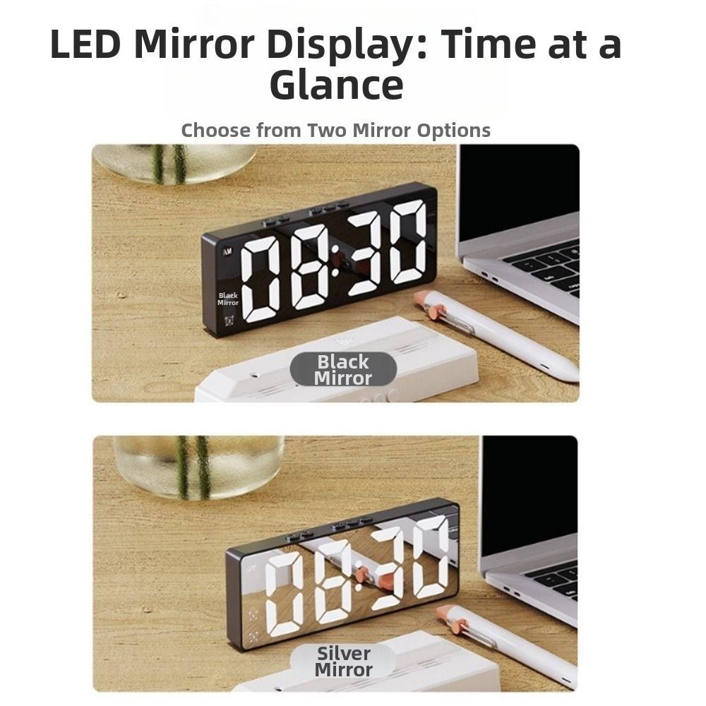 Mirror Display LED Mirror Clock Adjustable Brightness Large Number Digital Alarm Clock USB/Battery Powered Mute Function