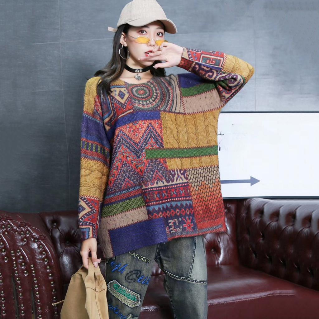 Dimanaf 2024 Новые свитера Пуловеры O-образный вырез Женские свитера Цветочный вязаный узор Печать Свободный свитер