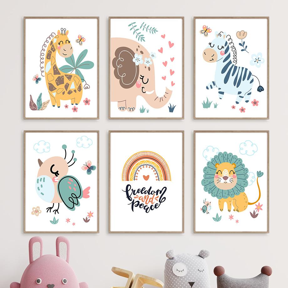 Милый слон Жираф Лев птица Зебра настенная живопись на холсте плакаты на скандинавскую тему и принты мультяшные настенные панно Декор детской комнаты