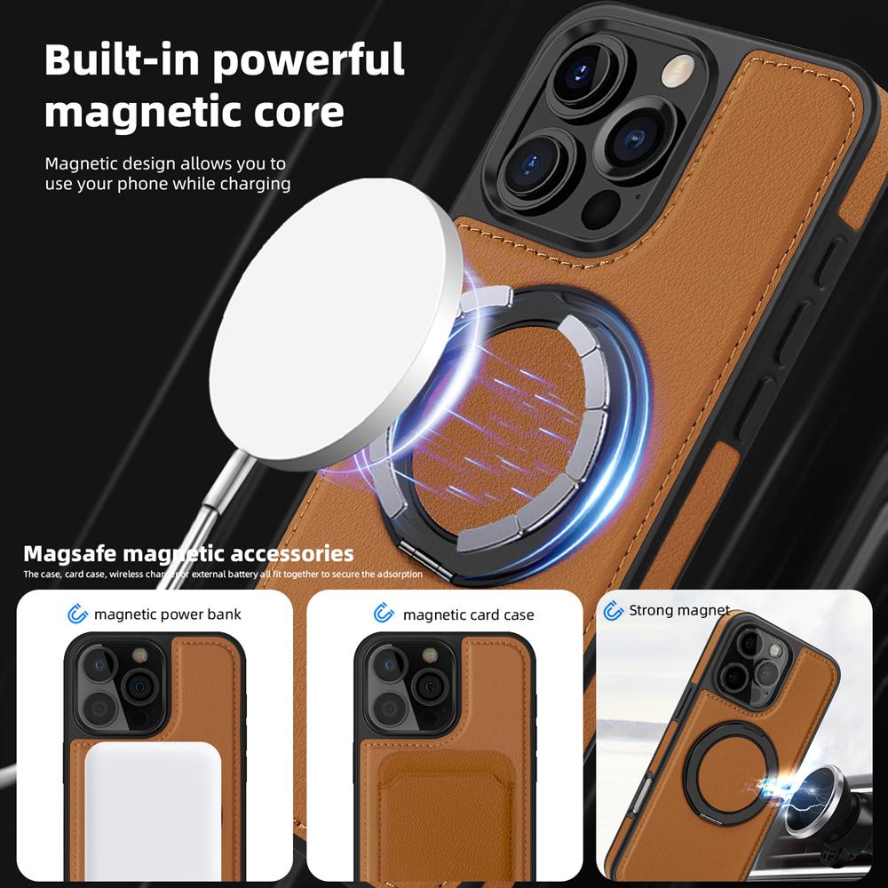 KEYSION Роскошный чехол из искусственной кожи MagSafe для iPhone 16 Pro Max 15 Pro с вращающимся на 360 ° магнитным кольцом-подставкой, противоударный чехол для телефона