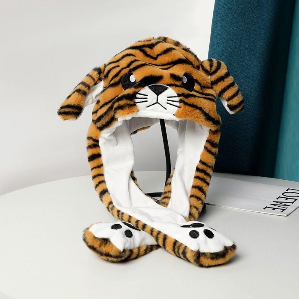Animal Shape Ear Moving Hat Panda Tiger Monkey Plush Hat Toys Funny Jumping Up Cap  Kids Adults