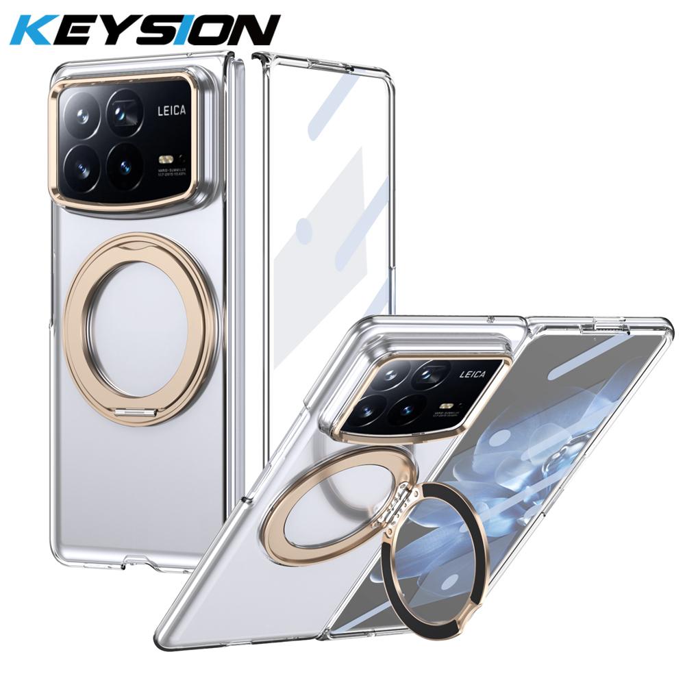 KEYSION Чехол-подставка с магнитным кольцом, вращающимся на 360°, для Xiaomi MIX Fold 4, прозрачная жесткая ПК-накладка для телефона со стеклянной защитной пленкой для экрана