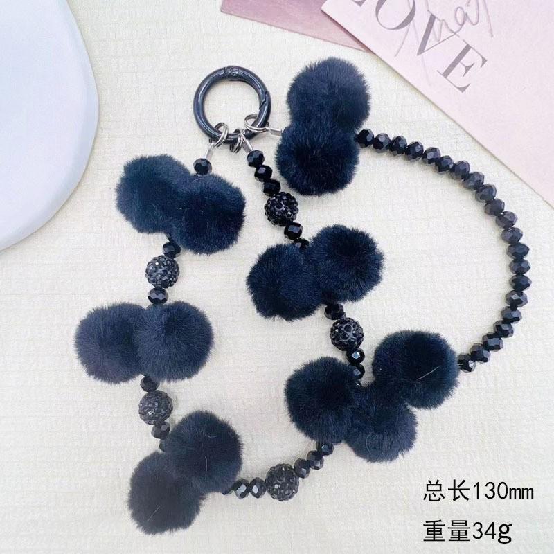 New Style Pom Pom Beaded Phone Chain Crystal Beads Pendant High-end Autumn Winter Pom Pom Double Chain Wrist Hanging Rope