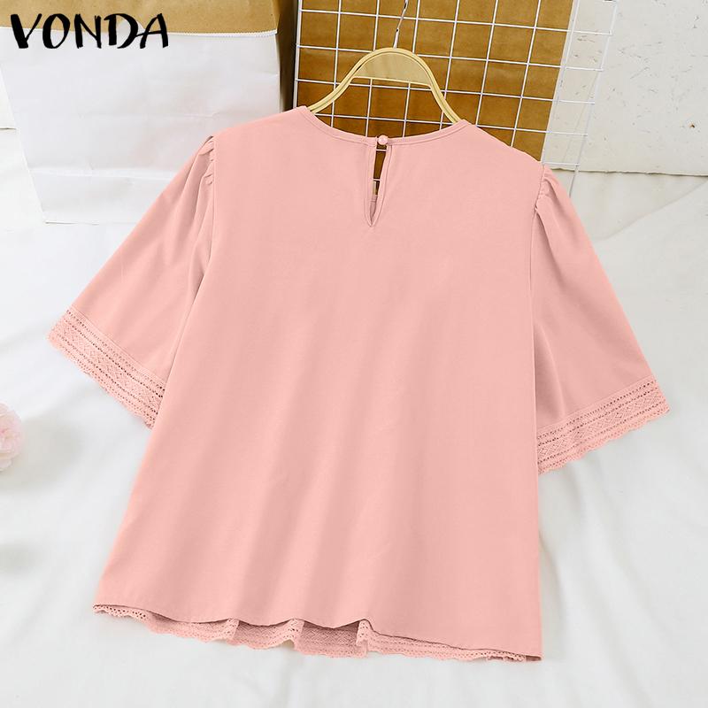 VONDA Women Summer Round Neck Lace Short Sleeve Blouses