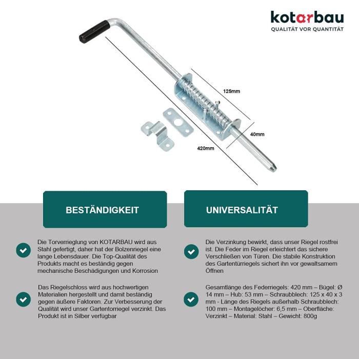 Verrou de porte avec ressort KOTARBAU fabriqué en acier galvanisé de haute qualité, résistant à la corrosion, argent, 420 mm