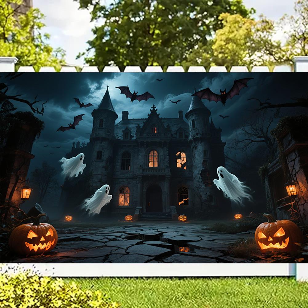Фон для Хэллоуинской вечеринки с элементами тыквы, замка, летучей мыши, привидения для фотобудки, мероприятия, праздника, настенного декора