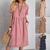 2025 Women's Summer Cotton Linen Ruffle Dress with Pockets - Round Neck, Short Sleeve, Loose Fit