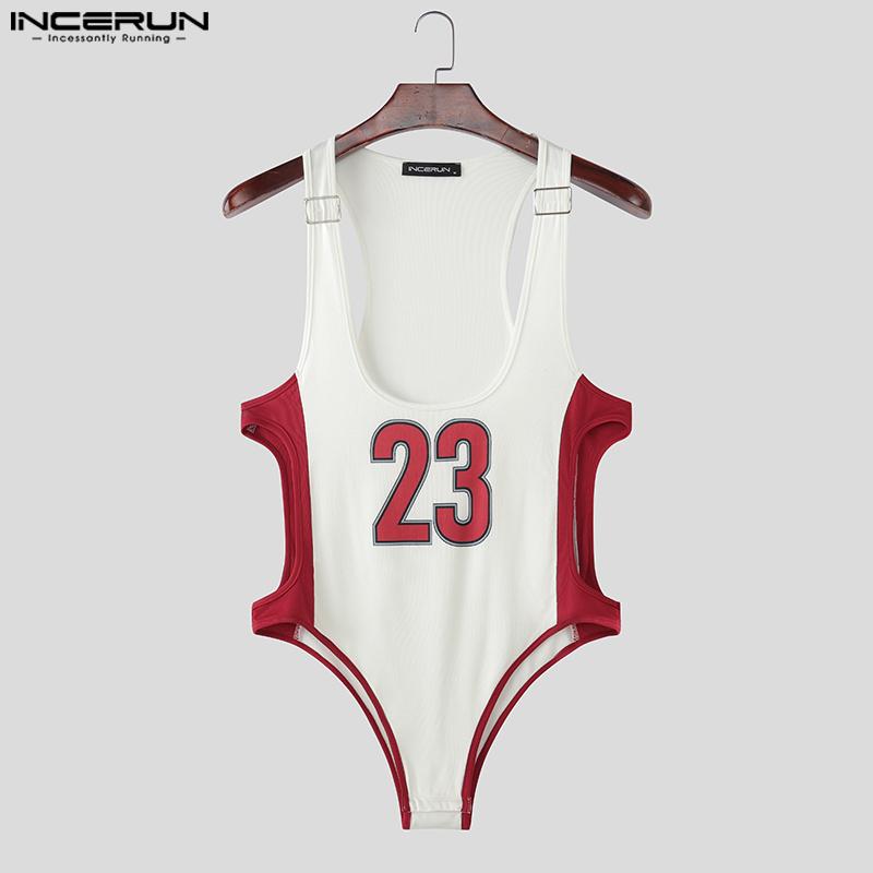 INCERUN Men Deep U Sleeveless Letter Print Fitted Playsuit Bodysuits Jumpsuits Underwear