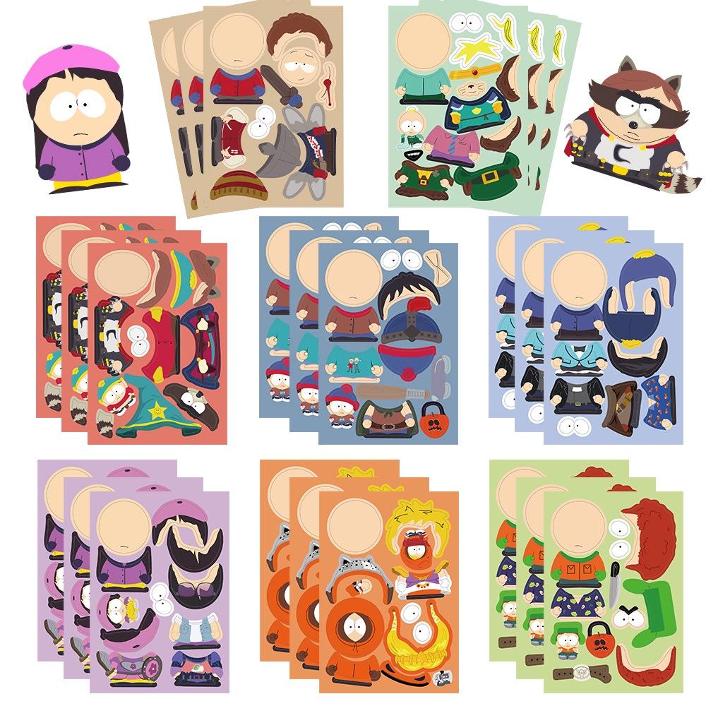 8 Sheets Cartoon South Park PARK Make A Face Puzzle Stickers For Luggage Phone Case Laptop Notebook Decals Kids Gift