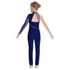 Girls Gymnastics Jumpsuit Sheer Mesh Patchwork Cutout Asymmetrical Design Mock Neck Sparkly Rhinestones Full Body Leotard