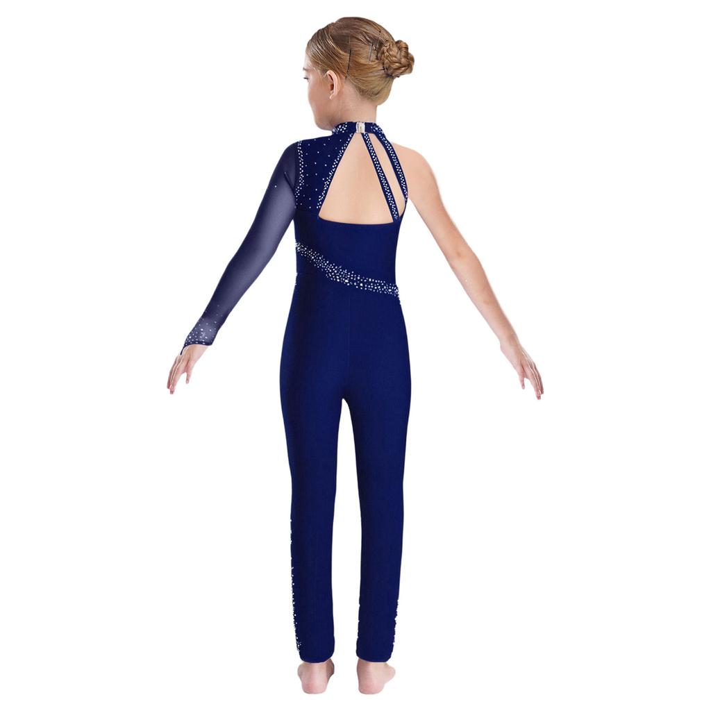 Girls Gymnastics Jumpsuit Sheer Mesh Patchwork Cutout Asymmetrical Design Mock Neck Sparkly Rhinestones Full Body Leotard