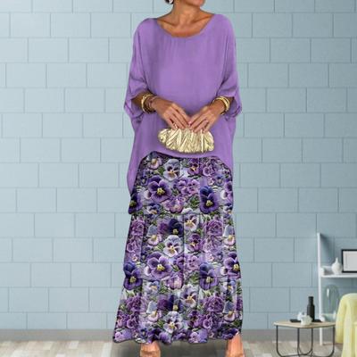 2 шт./компл., женский топ с юбкой, комплект с цветочным принтом, плиссированная свободная усталая макси-юбка с рукавами «летучая мышь», мешковатая блузка с круглым вырезом, повсед...