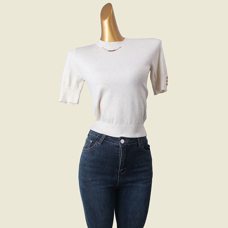 Domestic Counter Brand Soft Glutinous Knitwear Flash Core-Spun Yarn Metal Button Silm Base Pullover Women's Top