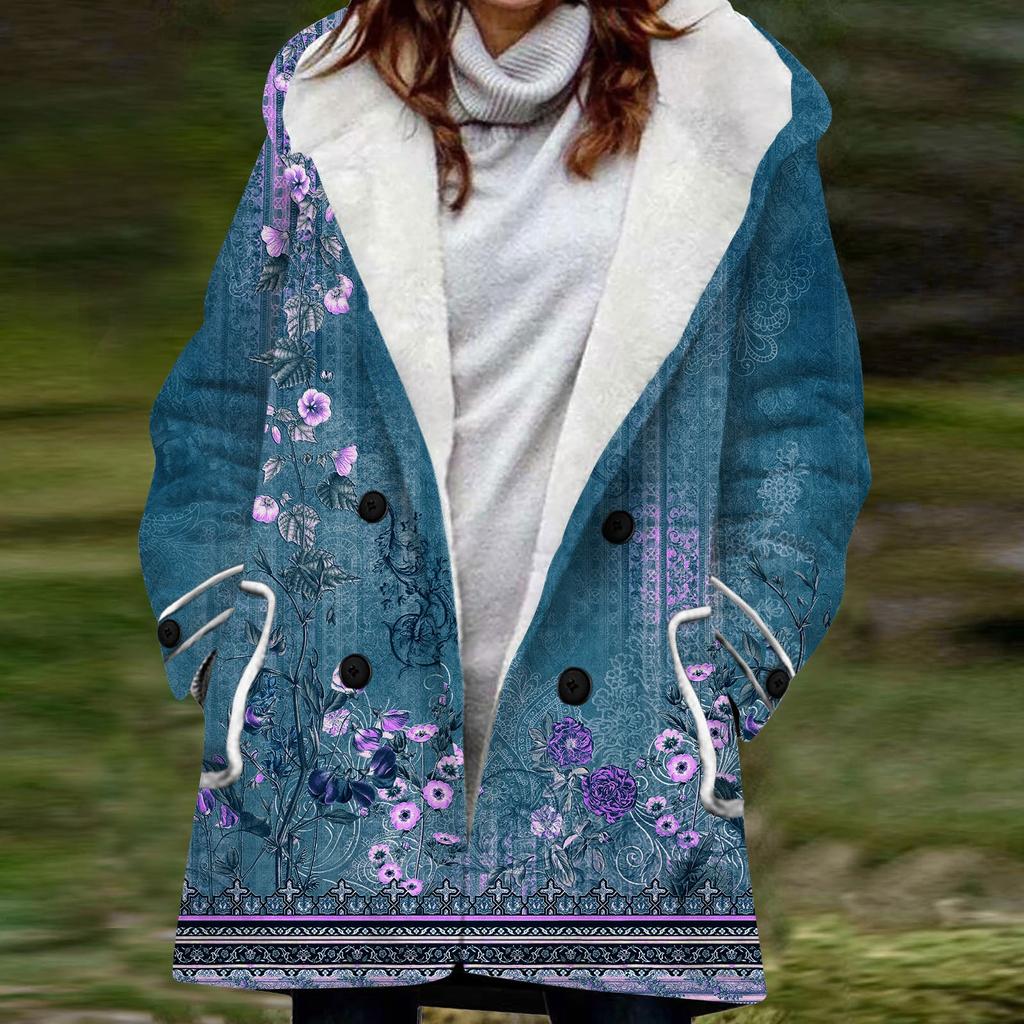 Женская большая куртка с теплой и плюшевой классической курткой на пуговицах с капюшоном и карманами в стиле ретро