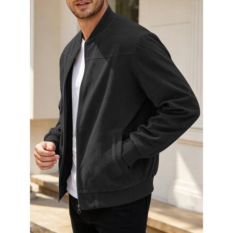 Men's Suede Solid Zip Stand Collar Casual Sports Jacket Stretch Top.