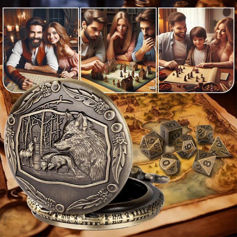 DND Dice Pocket Watch Case Bronze Wolf Head Thick Waist Chain Dices Board Game