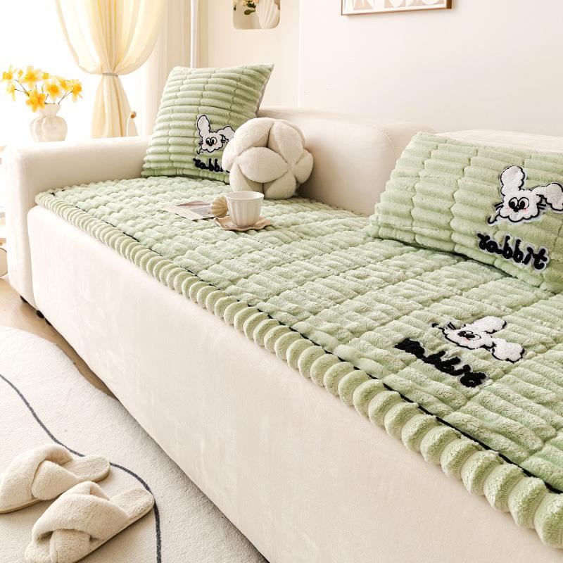 New Thickened Warm Sofa Cover Cloth Fixed Anti Slip Straight Row Sofa Cushion Cover For Autumn And Winter Season Cream Style