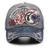 1pc, Vintage Baseball Cap, Denim Embroidered Shark 100% Cotton Trucker Hat, Retro Frayed Edge Sunhat Outdoor Cap