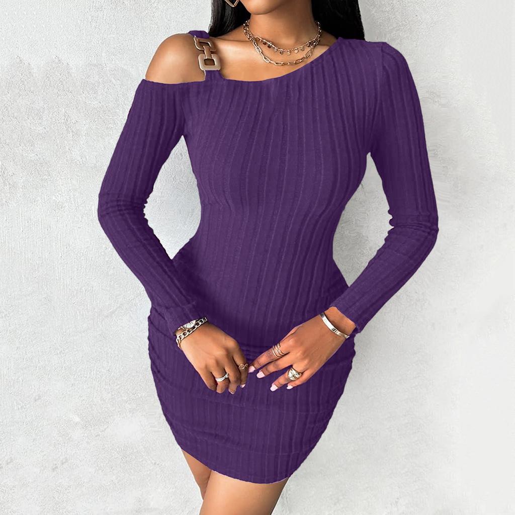 Women's Solid Color Off-the-shoulder Slant Collar Design Sense Bodycon Dress, Stylish, Slim, Sexy Long-sleeved Dress
