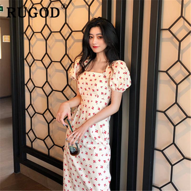 RUGOD винтажное длинное платье с рукавами-фонариками и принтом, элегантное тонкое платье макси с рюшами и квадратными рукавами, Vestidos Vestidos De Fiesta De Noche