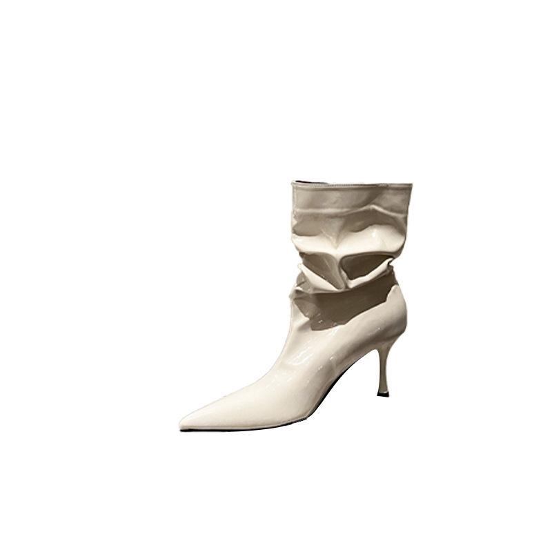 High-heeled Short Boots Women's 2025 Autumn and Winter New Thin-heeled Sleeve Short Tube Wrinkled Stacking Boots Elastic Thin Boots Martin Boots