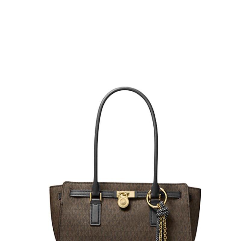 Michael Kors Hamilton Classic Logo Leather Shoulder Bag Women shoulder bag Brown Black 30F5GNXT0B-NERO