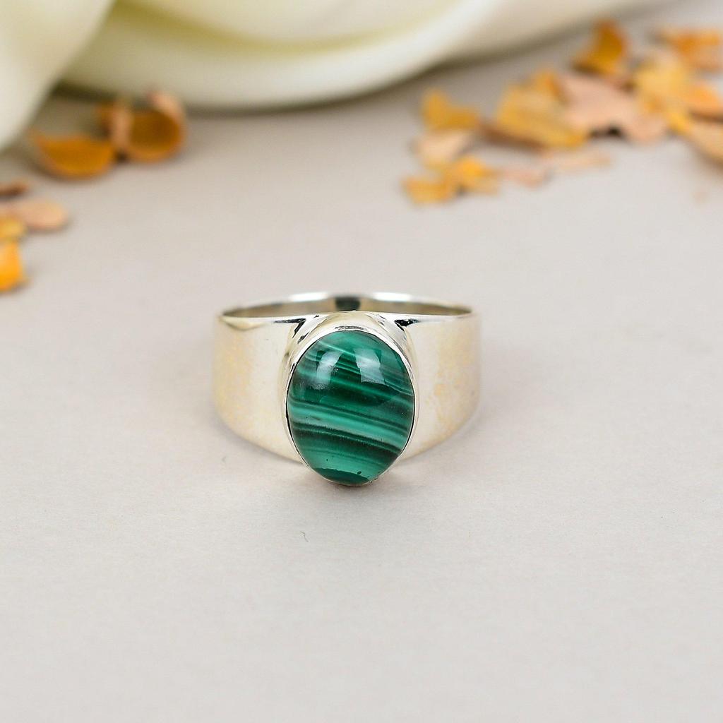 Кольцо из стерлингового серебра 925 пробы с зеленым драгоценным камнем малахит овальной формы для женщин