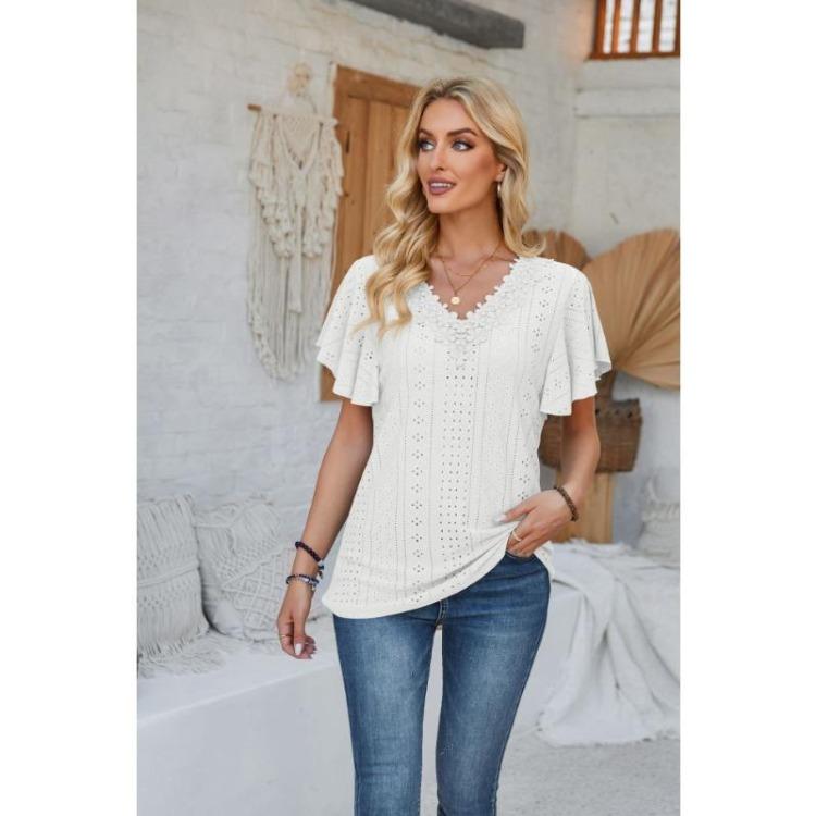 New Fashion Women's Lace V-neck Loose T-shirt Solid Color Ruffled Sleeves Spring Summer