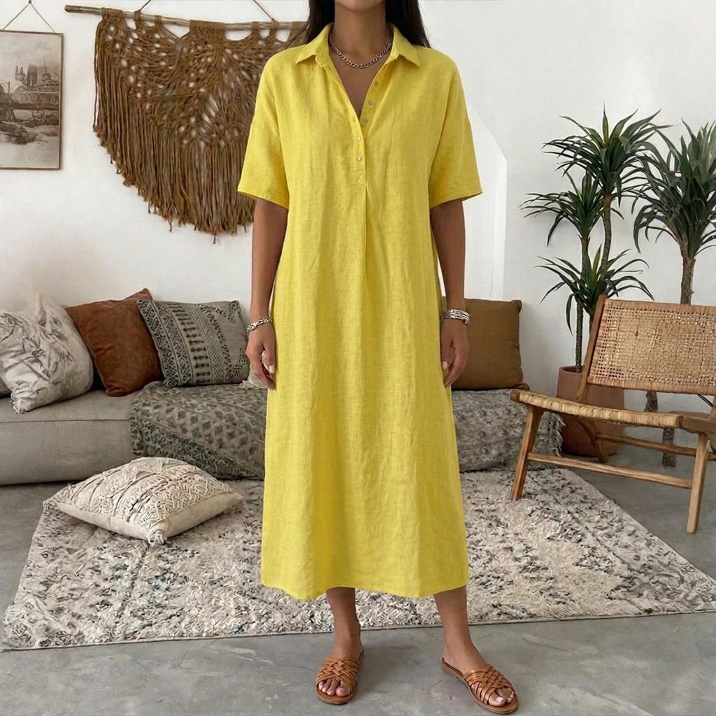 Женское прямое и удобное льняное платье с V-образным вырезом и коротким рукавом