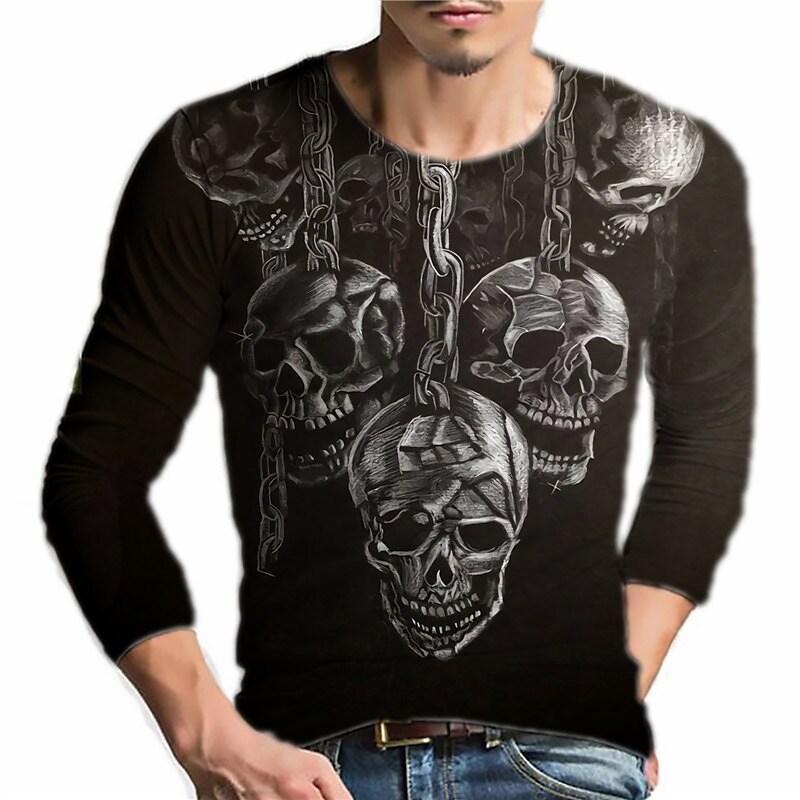 3D Персонализированный Топ с принтом черепа Повседневные мужские футболки с длинным рукавом - Мягкая ткань из полиэстера средней эластичности Весенне-осенняя одежда свободного кроя