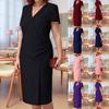 Elegant V-Neck Short Sleeve Wrap Dress with Side Pleats, Women's Casual Bodycon Midi Dress