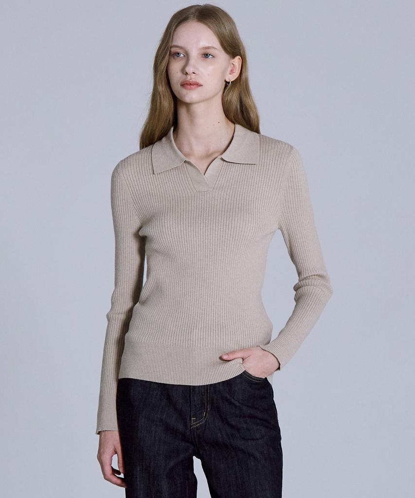 BASIC HOUSE Women'S Collared Long Sleeve Sweater Beige Lykt7203