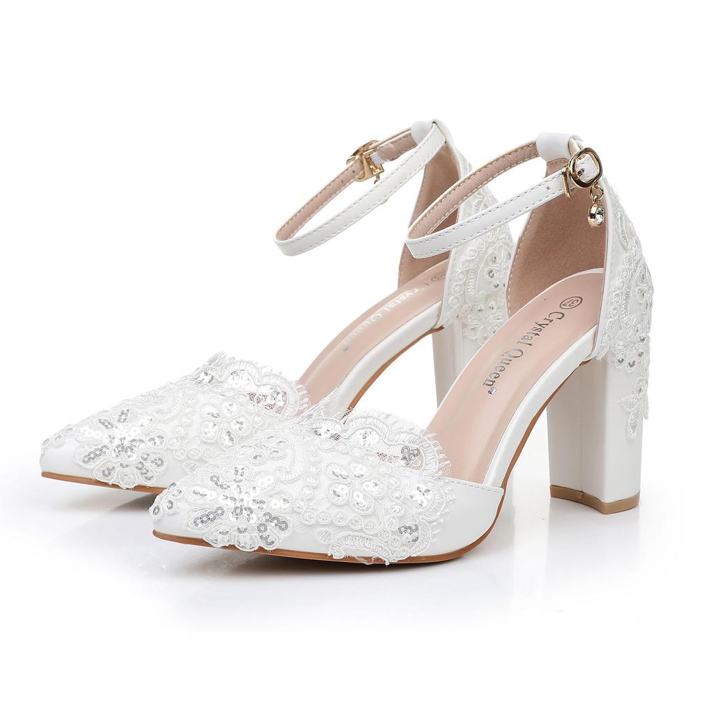 Women Flower Sandals Pointed Toe Pumps Dress Party Square High Heels White Lace Sequin Weding Shoes