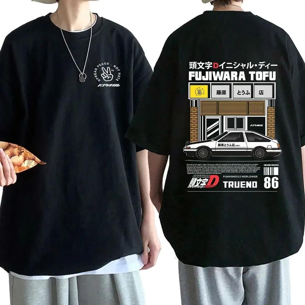 Men Anime Drift AE86 Initial D Double Sided T Shirt O-Neck Short Sleeves Summer Casual Unisex R34 Skyline GTR JDM Manga T-Shirts