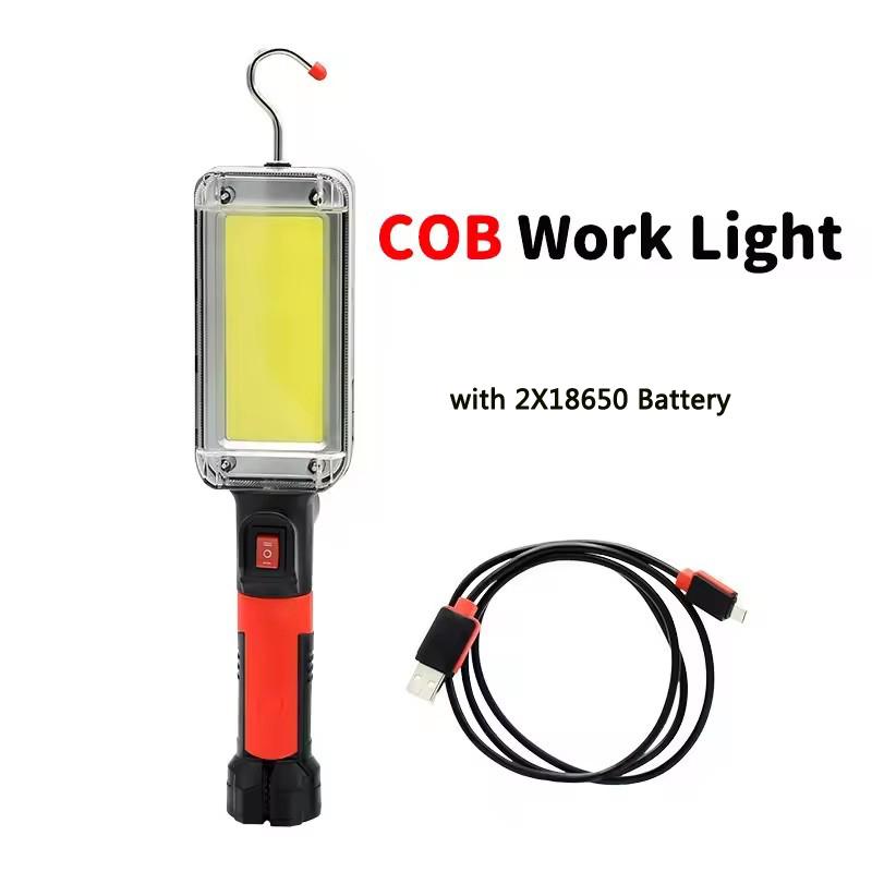 Портативный COB фонарь USB-перезаряжаемый светодиодный фонарик Автомобильный ремонт Кемпинг Рабочая лампа Использование 2*18650 аккумулятора с крючком и магнитом