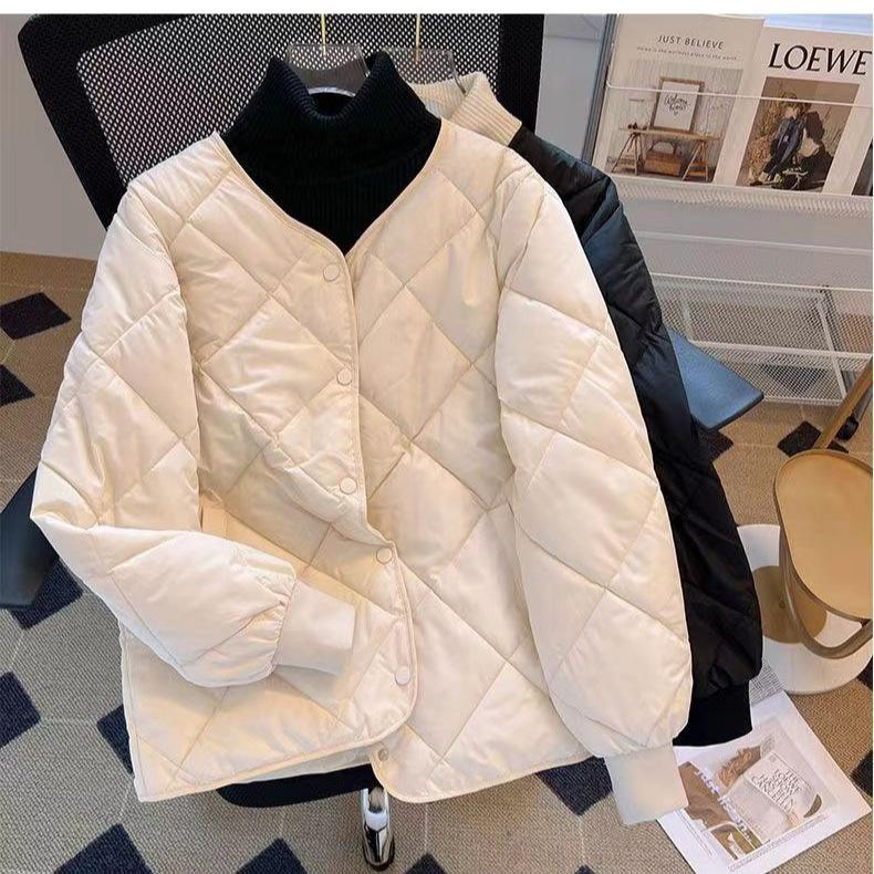 Spring and Autumn new down cotton-padded clothes women's short light and thin collarless rhombus plaid cotton-padded jacket casual trendy jacket