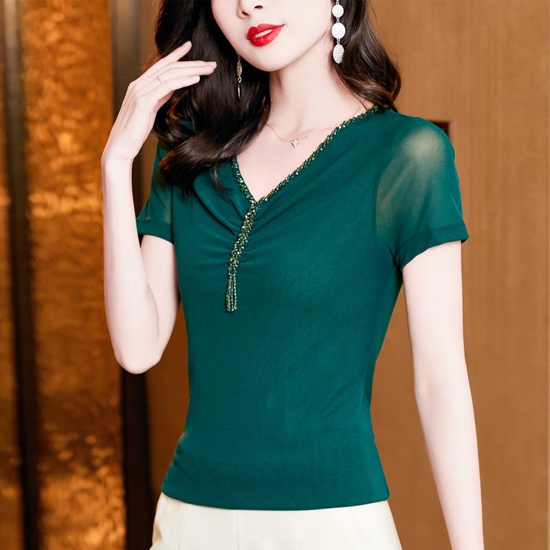 Летний топ с V-образным вырезом, женский, с бисером, облегающий, с коротким рукавом, 2023