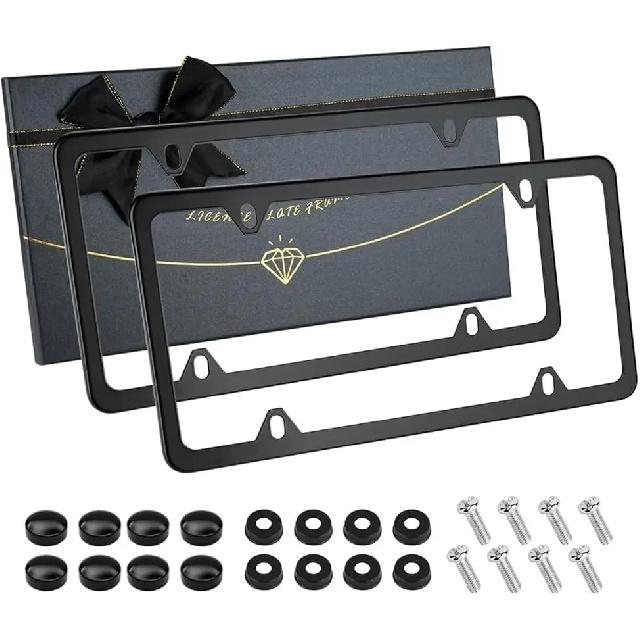 Stainless Steel License Plate Frames 2 Pack, Black Matte Universal Tag Holder with Screws for Car Front and Rear