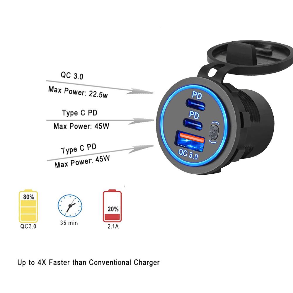 78 Вт Двойной PD QC3.0 Автомобильное зарядное гнездо Аксессуар Водонепроницаемый Quick Charge 3.0 розетка питания для 12 В/24 В мотоцикла грузовика лодки