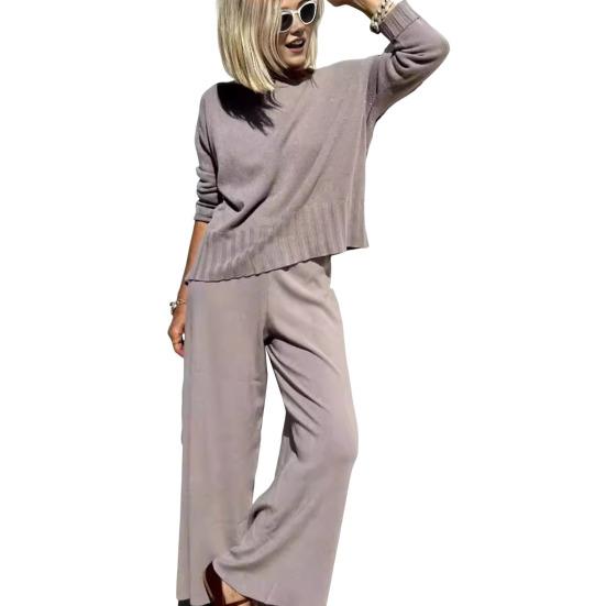 2 шт./комплект женский топ брюки костюм круглый вырез длинный рукав трикотажные сплошной