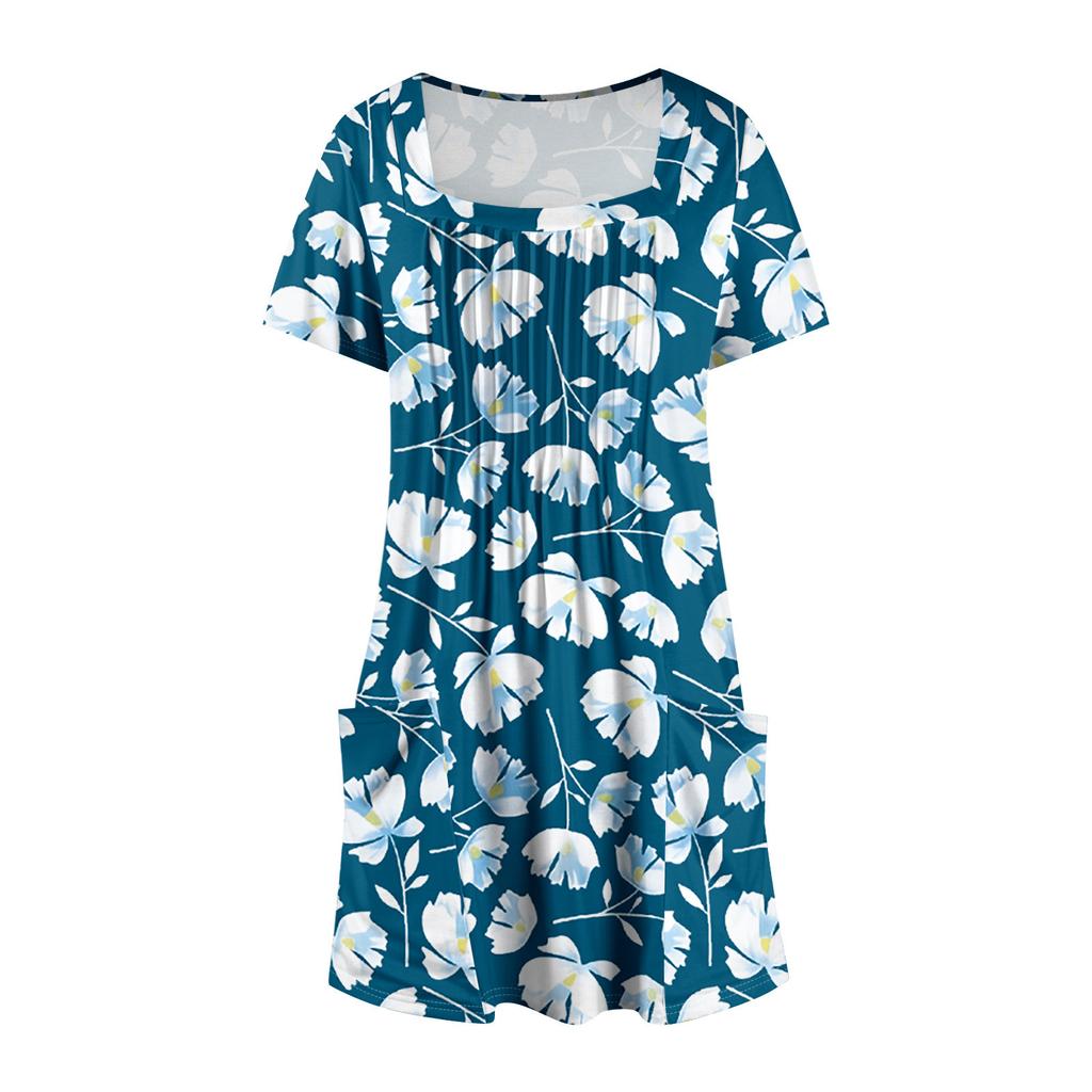Женские летние повседневные платья с квадратным вырезом, плиссировкой спереди и карманом, с короткими рукавами и принтом