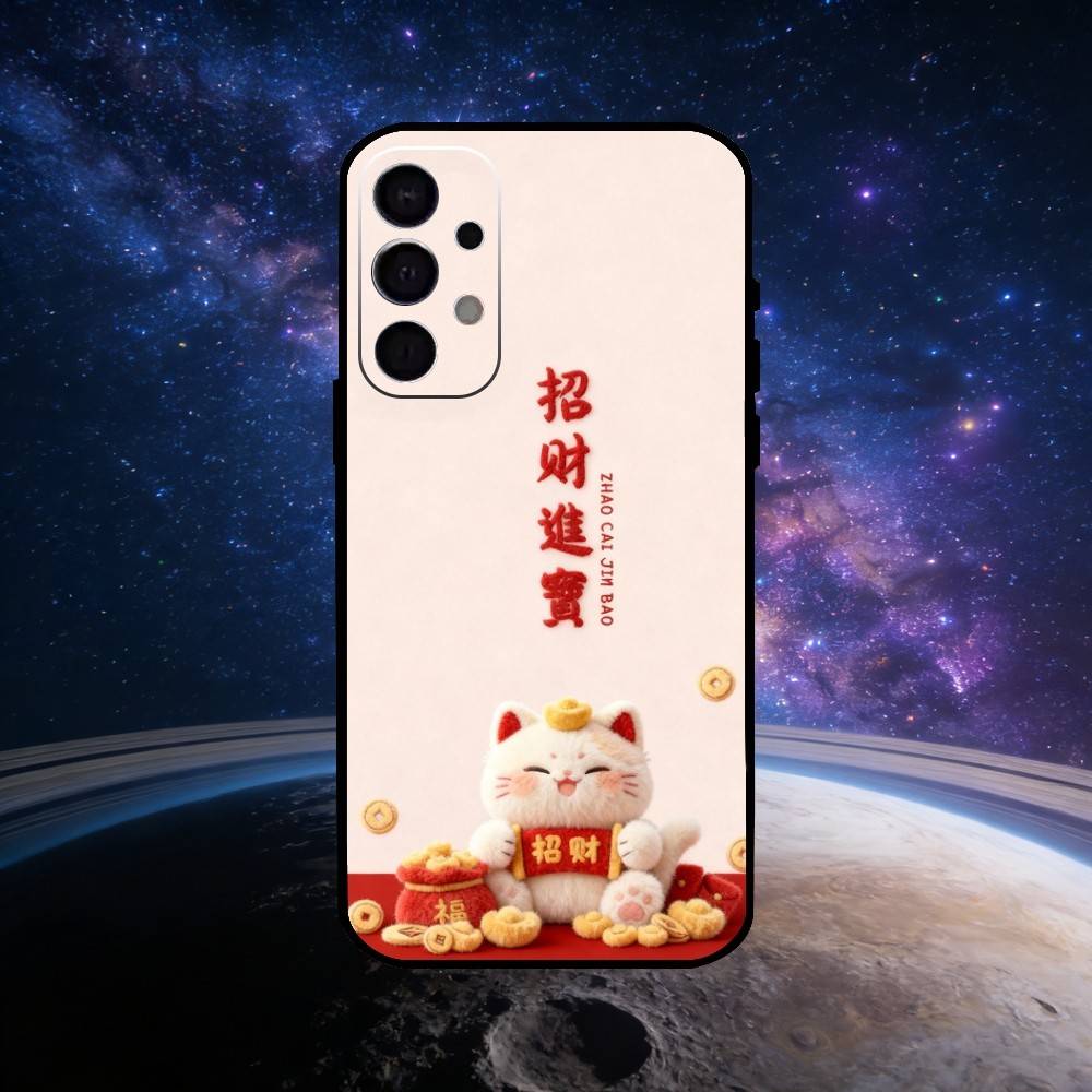 Cute Lucky Maneki Neko Cat Phone Case For Samsung S25,S24,S23,S22,S21,S20,Ultra,Plus,FE Black Soft Cover