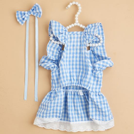 Летняя одежда для собак Головной убор с бантиком Пуловер с рюшами на рукавах и кружевным подолом Элегантный наряд Мягкое клетчатое платье Одежда для домашних животных и кошек Двуногий костюм для щенка