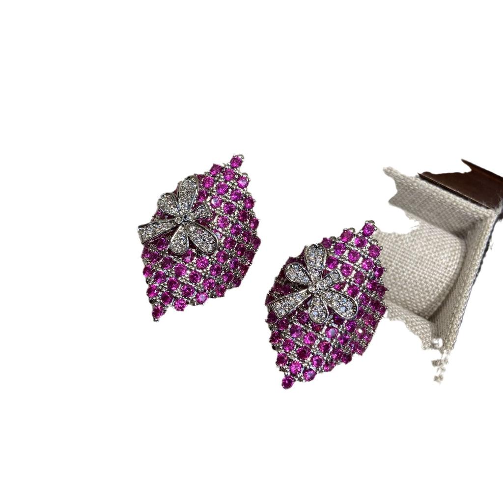 Модное популярное кольцо с ромбом из красного корунда и бриллиантами, розовыми красными бриллиантами, маленькими цветочными серьгами-гвоздиками, медное покрытие 18 карат, открытое кольцо