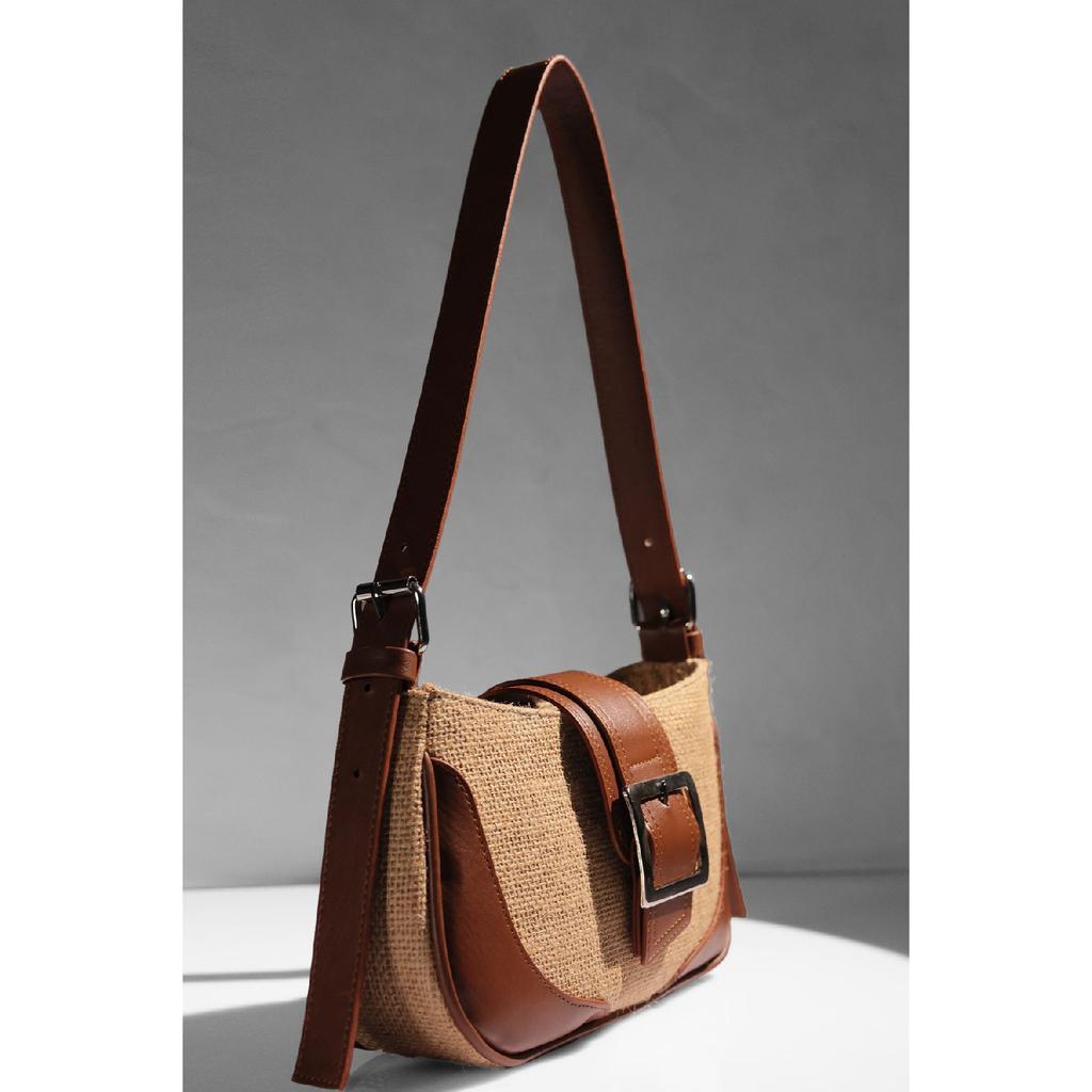 Black Linen Buckle Hand And Shoulder Bag